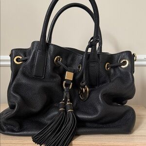 Black Leather Handbag with Gold Accents